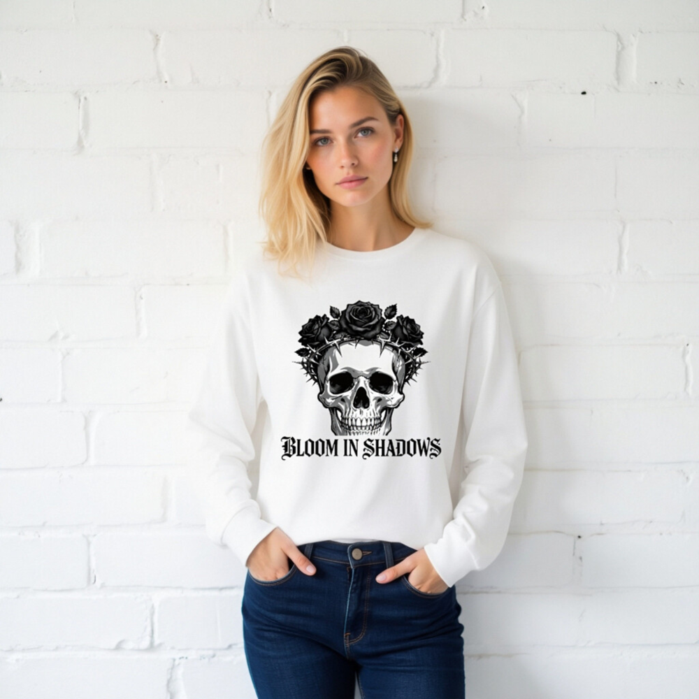 Bloom in Shadows Skull Rose Crown Long Sleeve Tee - Unisex Gothic Fashion - Image 2