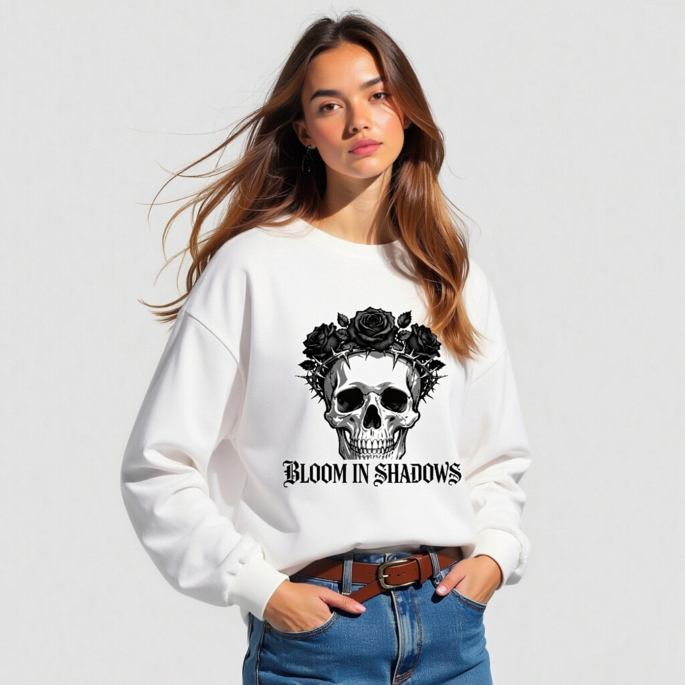Bloom in Shadows Skull Rose Crown Long Sleeve Tee - Unisex Gothic Fashion - Image 3