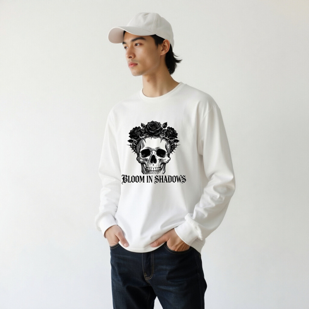 Bloom in Shadows Skull Rose Crown Long Sleeve Tee - Unisex Gothic Fashion - Image 5