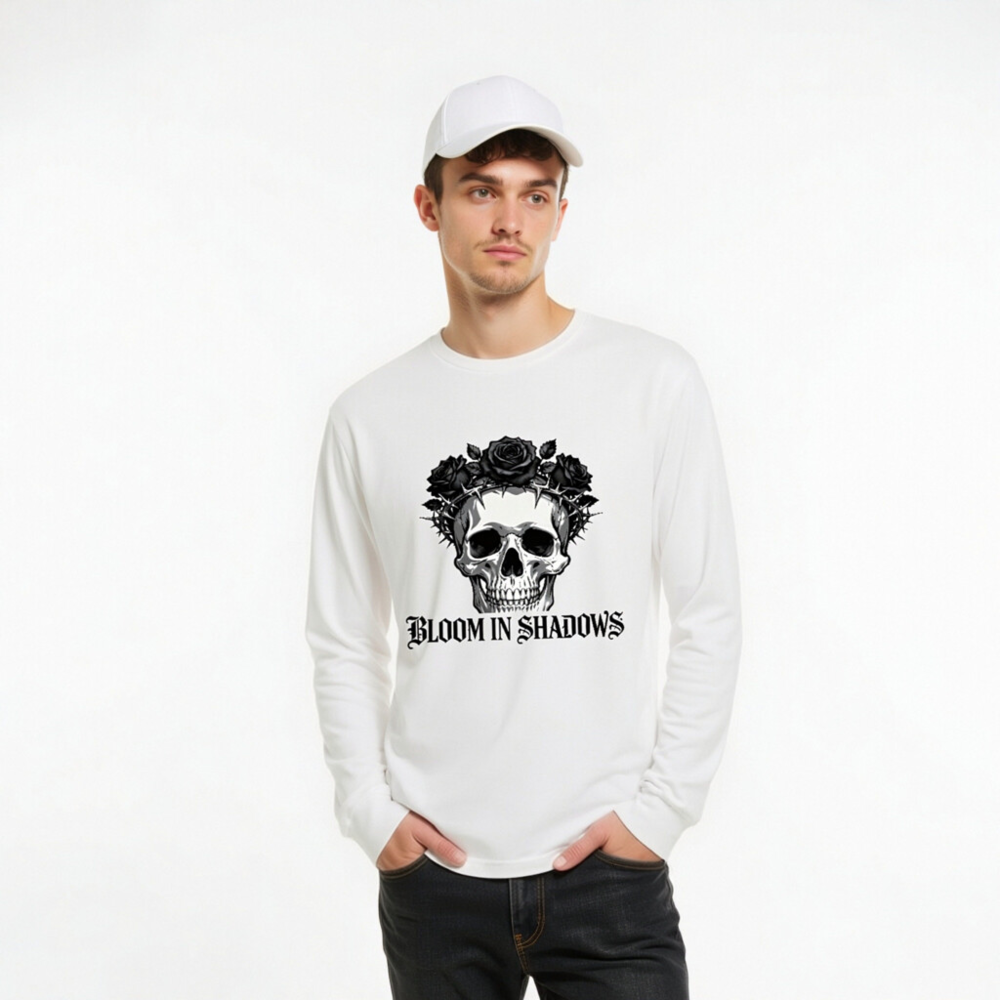 Bloom in Shadows Skull Rose Crown Long Sleeve Tee - Unisex Gothic Fashion - Image 6