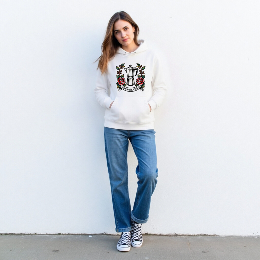 Unisex Eco Hoodie with Coffee Maker & Roses Design | Faith, Hope, Coffee - Image 3