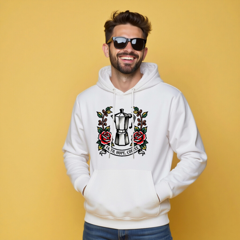 Unisex Eco Hoodie with Coffee Maker & Roses Design | Faith, Hope, Coffee - Image 5