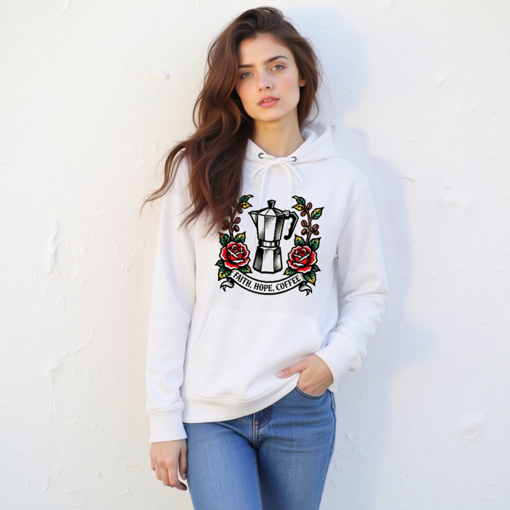 Unisex Eco Hoodie with Coffee Maker & Roses Design | Faith, Hope, Coffee - Image 6