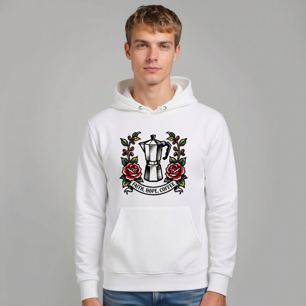 Unisex Eco Hoodie with Coffee Maker & Roses Design | Faith, Hope, Coffee - Image 7