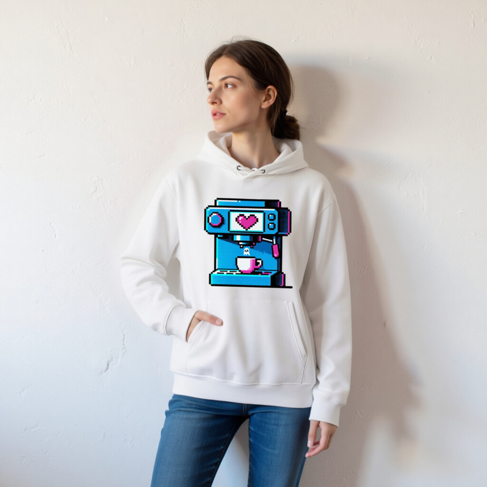 Pixel Heart Coffee Machine Hoodie - Unisex Eco Sweatshirt - Image 4