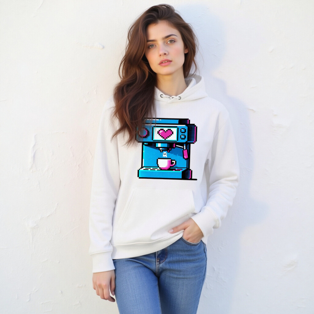 Pixel Heart Coffee Machine Hoodie - Unisex Eco Sweatshirt - Image 6