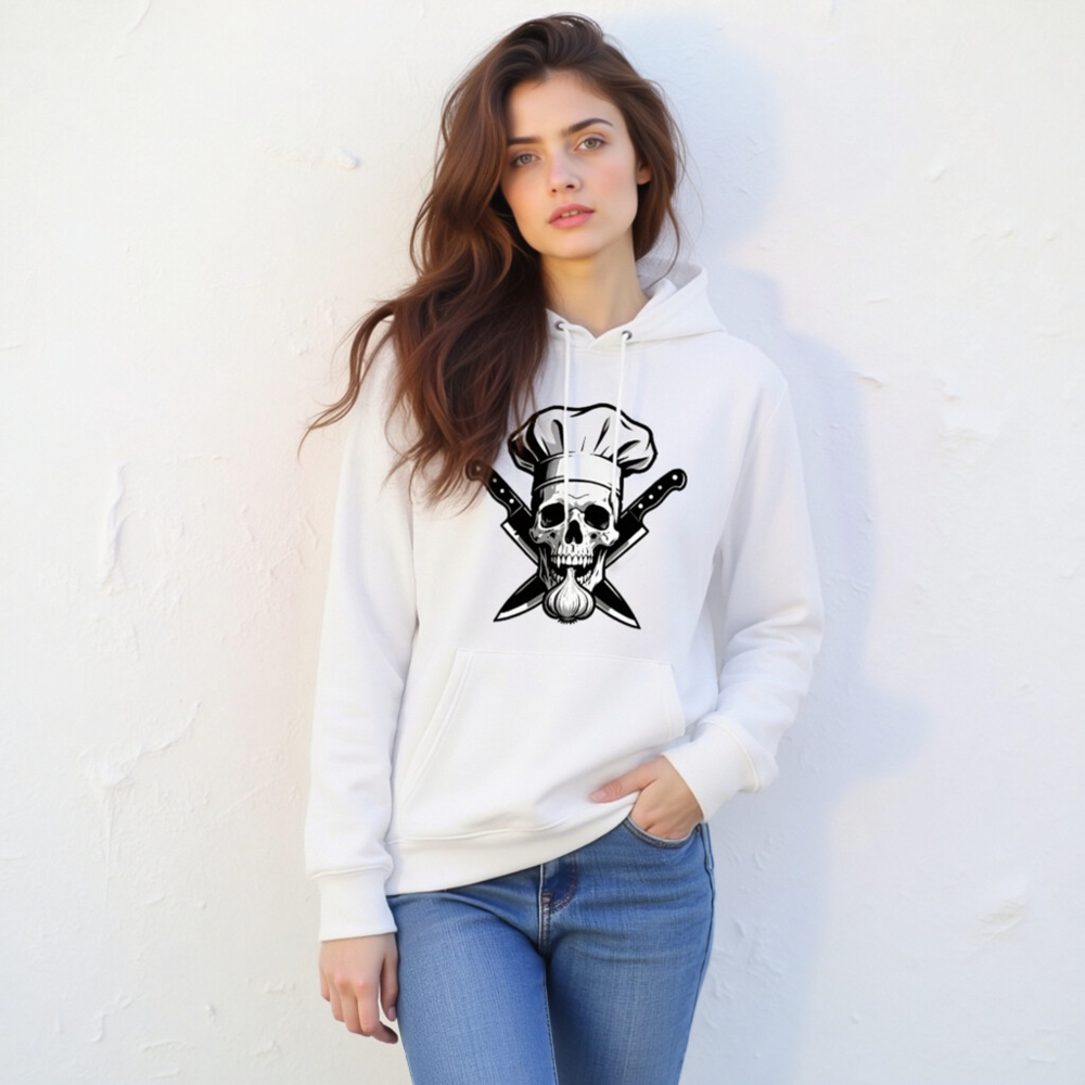 Chef Skull Hoodie - Unisex Eco-Friendly Sweatshirt with Garlic & Knives Design - Image 6