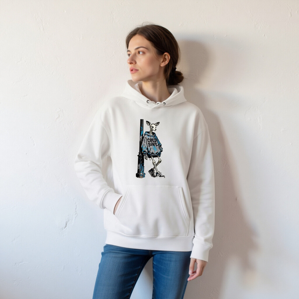 Unisex Eco Hoodie | Deer Skeleton Graphic, 'COLD SOUL' Blue Sweatshirt - Image 4