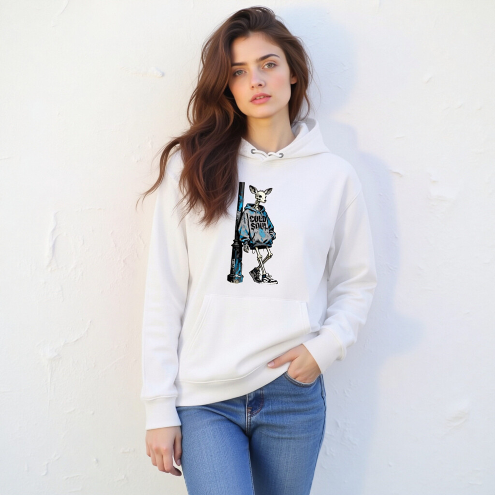 Unisex Eco Hoodie | Deer Skeleton Graphic, 'COLD SOUL' Blue Sweatshirt - Image 6