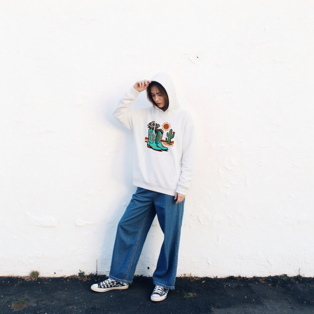 Unisex Eco Hoodie with Desert Boots & Cactus Design - Sustainable Cotton Blend - Image 2