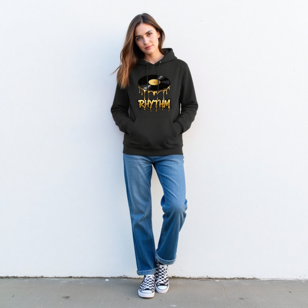 Unisex Eco Hoodie with Dripping Vinyl Record RHYTHM Design - Image 2