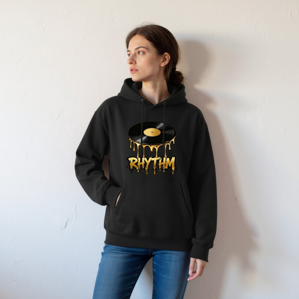 Unisex Eco Hoodie with Dripping Vinyl Record RHYTHM Design - Image 3
