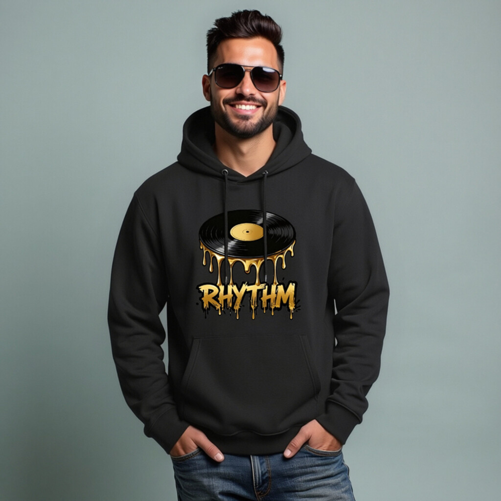 Unisex Eco Hoodie with Dripping Vinyl Record RHYTHM Design - Image 4