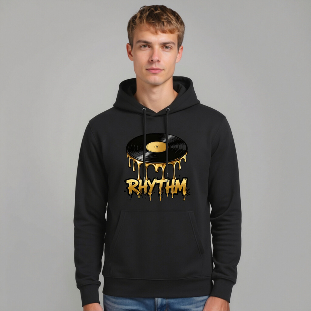 Unisex Eco Hoodie with Dripping Vinyl Record RHYTHM Design - Image 7