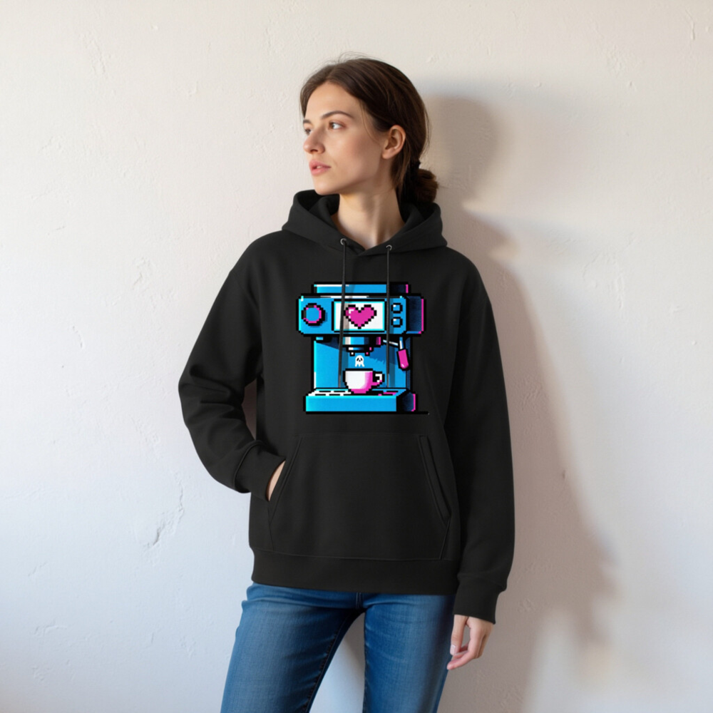 Pixel Heart Coffee Machine Hoodie - Unisex Eco Sweatshirt - Image 3