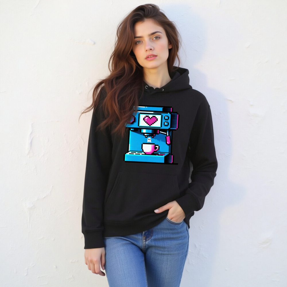 Pixel Heart Coffee Machine Hoodie - Unisex Eco Sweatshirt - Image 6