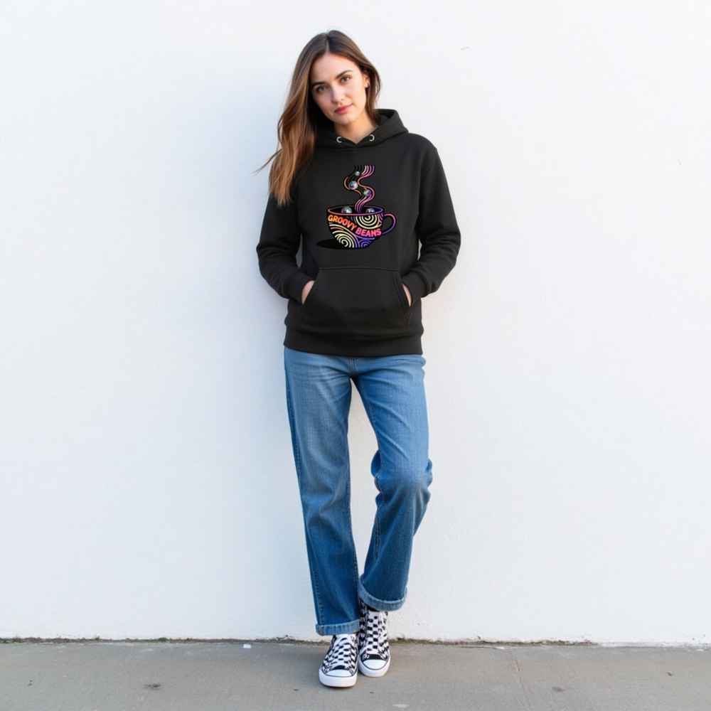 Groovy Beans Unisex Hoodie - Premium Pullover with Disco Coffee Art - Image 3