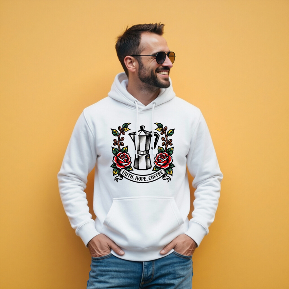 Unisex Premium Pullover Hoodie - Faith, Hope, Coffee Moka Pot Rose Tattoo Design - Image 5