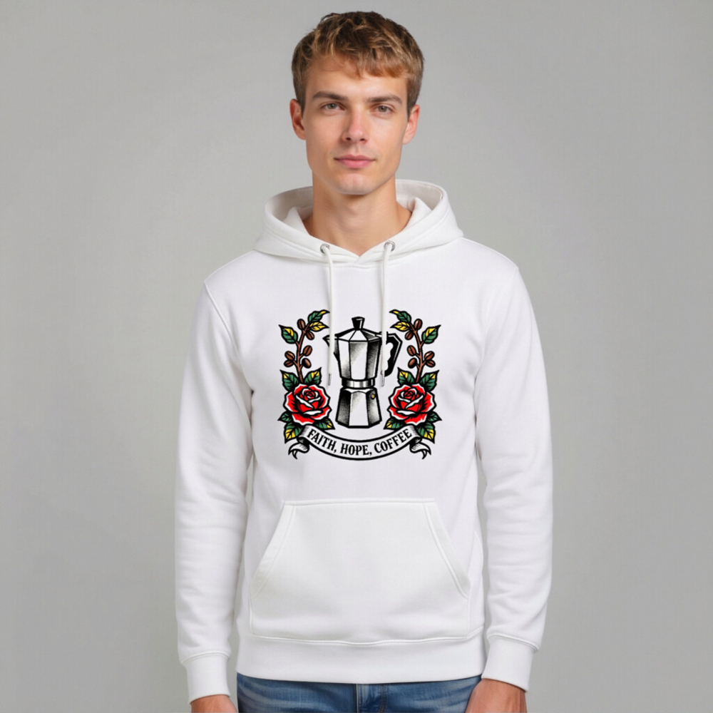 Unisex Premium Pullover Hoodie - Faith, Hope, Coffee Moka Pot Rose Tattoo Design - Image 6