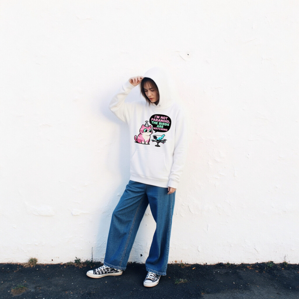 Unisex Premium Pullover Hoodie - 'I'm Not Paranoid, The Birds Are Watching' Cat & Drone Design - Image 2