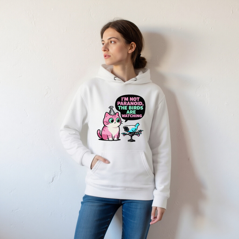 Unisex Premium Pullover Hoodie - 'I'm Not Paranoid, The Birds Are Watching' Cat & Drone Design - Image 3