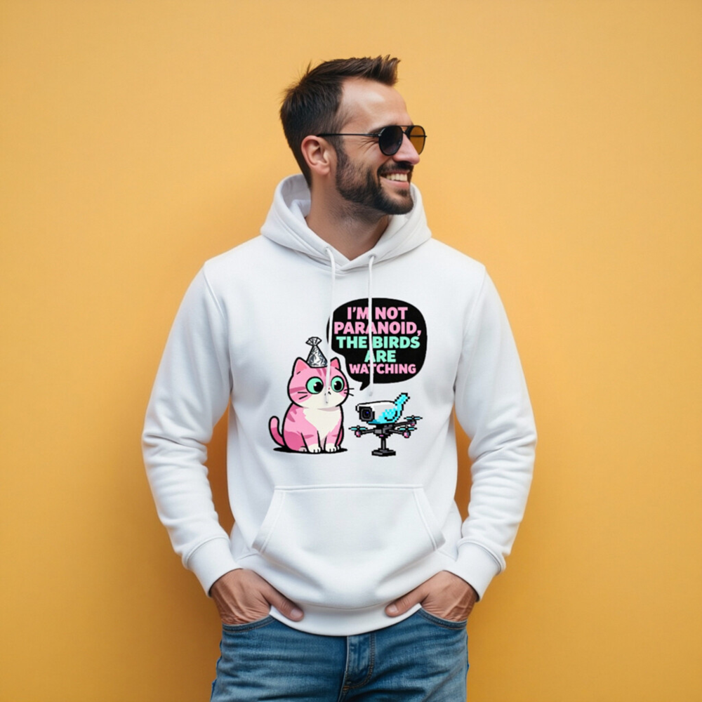Unisex Premium Pullover Hoodie - 'I'm Not Paranoid, The Birds Are Watching' Cat & Drone Design - Image 5