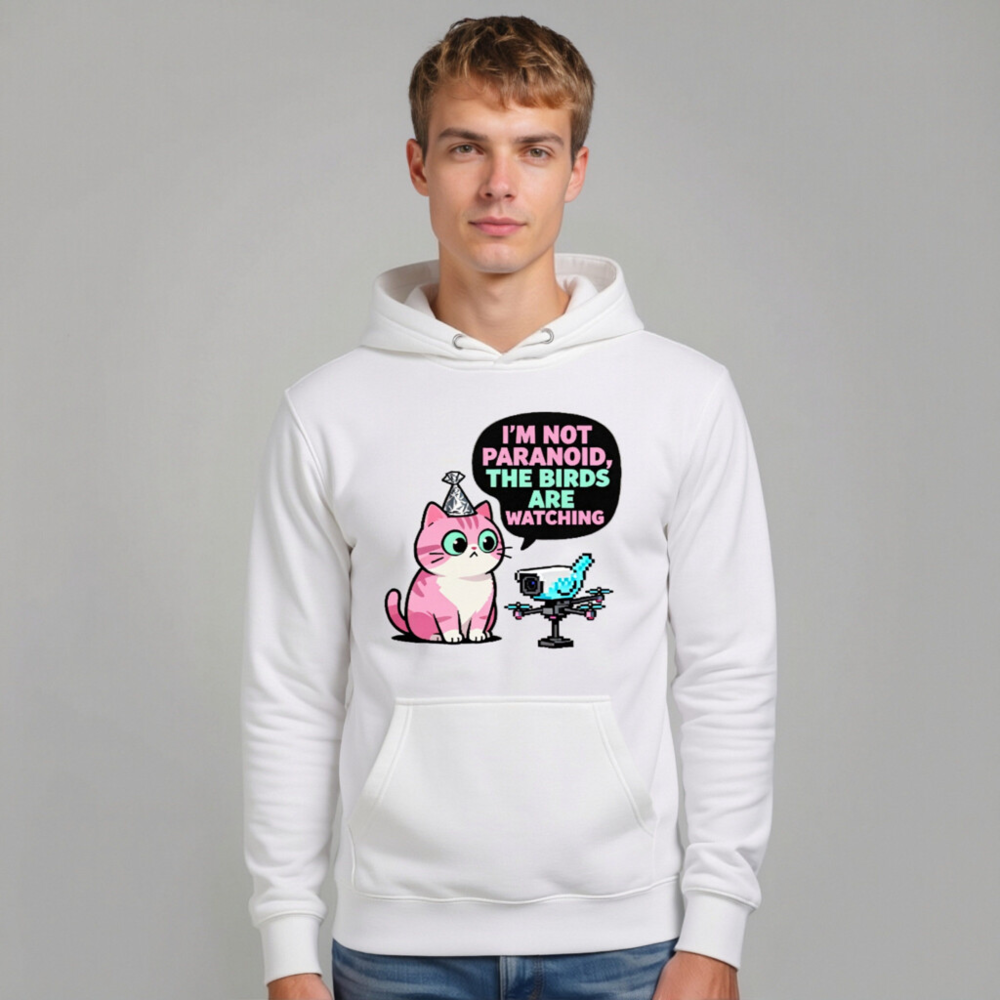 Unisex Premium Pullover Hoodie - 'I'm Not Paranoid, The Birds Are Watching' Cat & Drone Design - Image 6