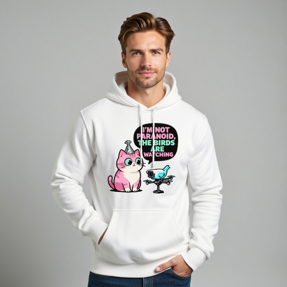Unisex Premium Pullover Hoodie - 'I'm Not Paranoid, The Birds Are Watching' Cat & Drone Design - Image 7