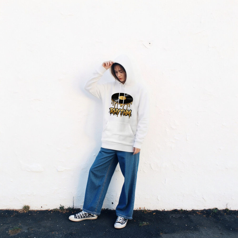 Unisex Premium Pullover Hoodie - Vinyl Record Rhythm Design, Gold Drip Art - Image 2
