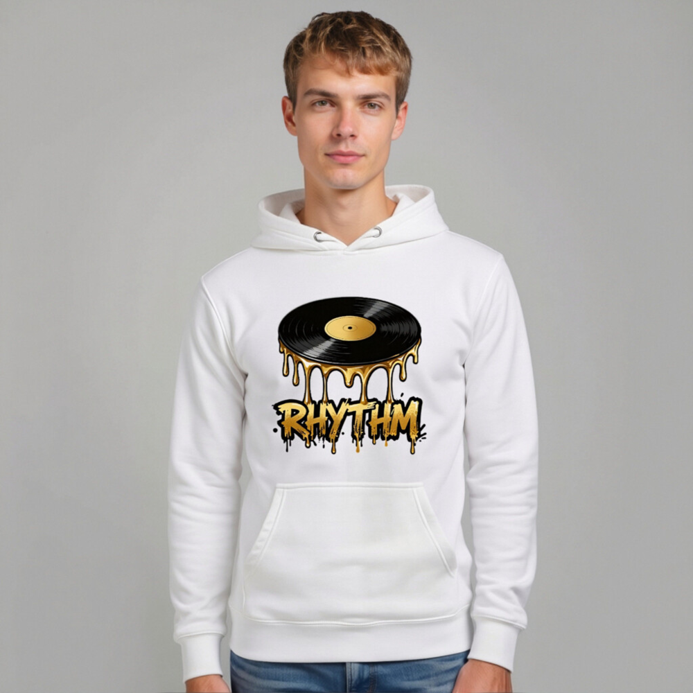 Unisex Premium Pullover Hoodie - Vinyl Record Rhythm Design, Gold Drip Art - Image 6
