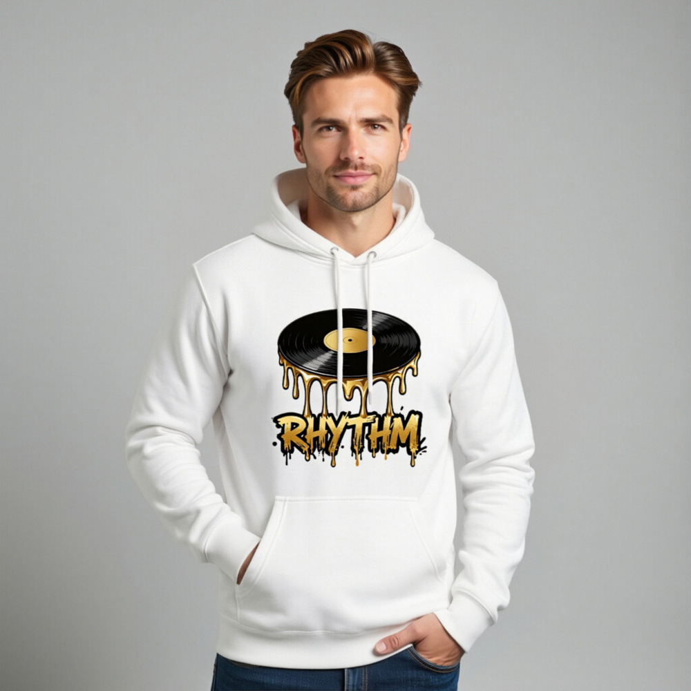Unisex Premium Pullover Hoodie - Vinyl Record Rhythm Design, Gold Drip Art - Image 7