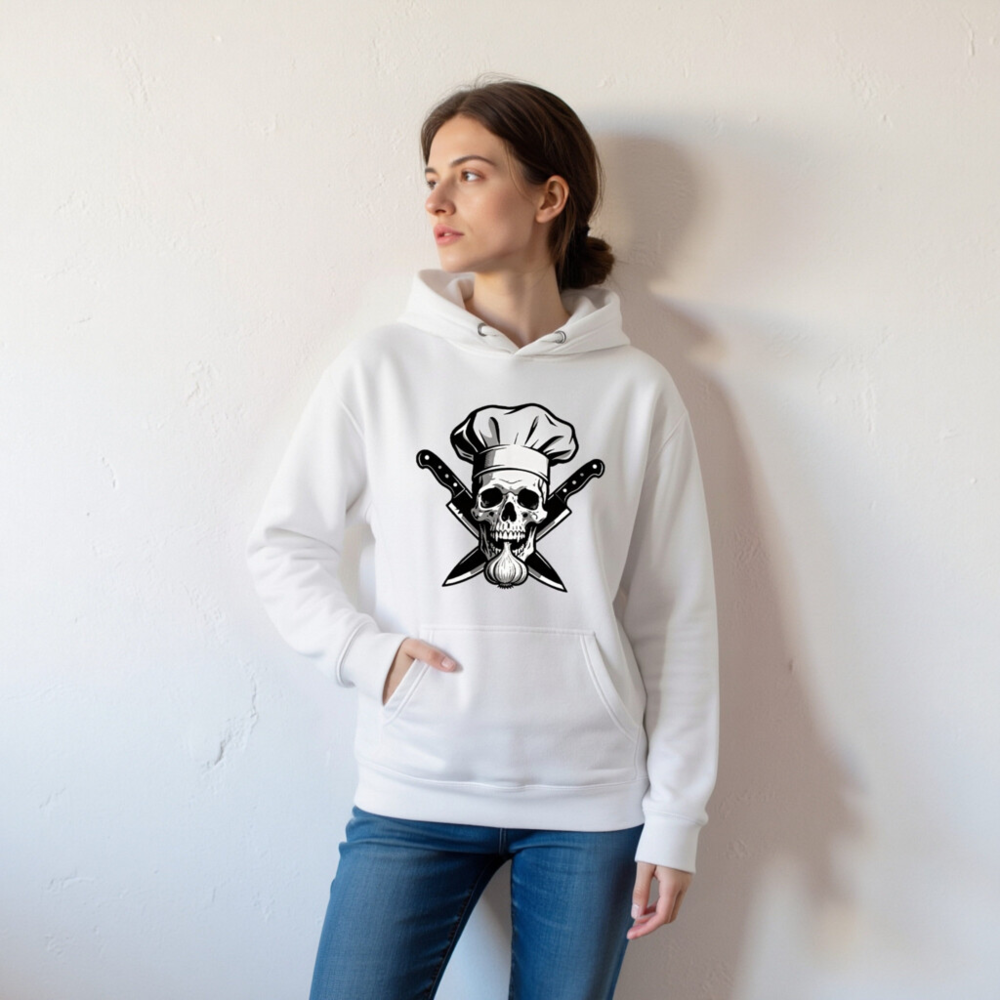 Chef Skull & Garlic Hoodie - Unisex Premium Pullover, Crossed Knives Design - Image 3