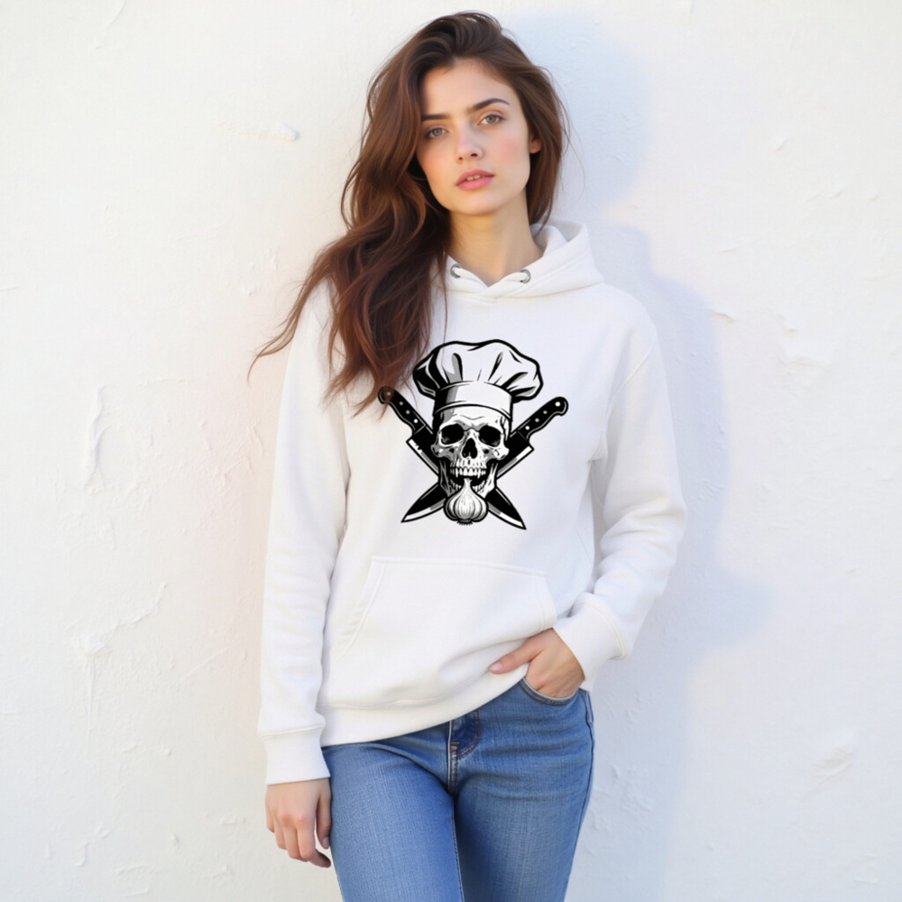 Chef Skull & Garlic Hoodie - Unisex Premium Pullover, Crossed Knives Design - Image 4
