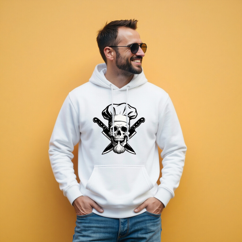 Chef Skull & Garlic Hoodie - Unisex Premium Pullover, Crossed Knives Design - Image 5