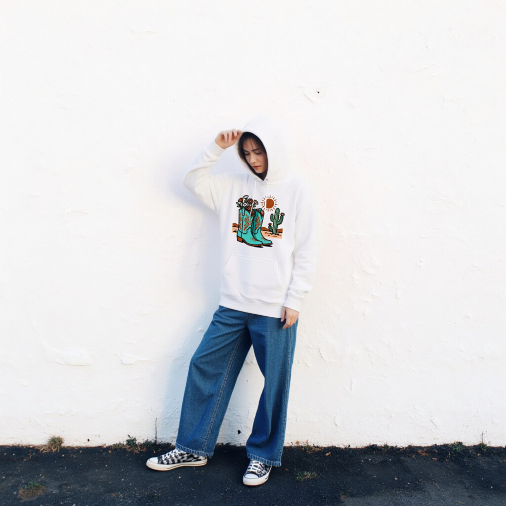 Unisex Premium Pullover Hoodie - Blue Cowboy Boots & Cactus Desert Design - Image 2