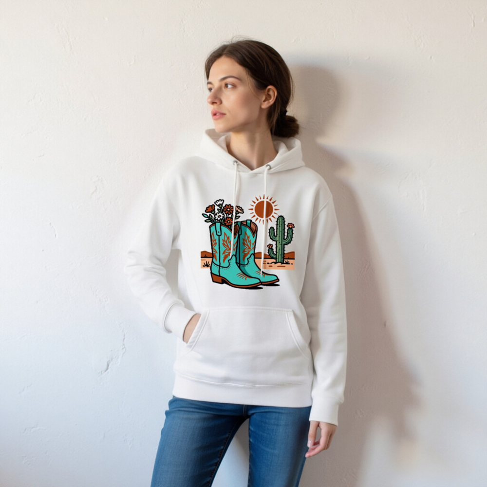 Unisex Premium Pullover Hoodie - Blue Cowboy Boots & Cactus Desert Design - Image 3