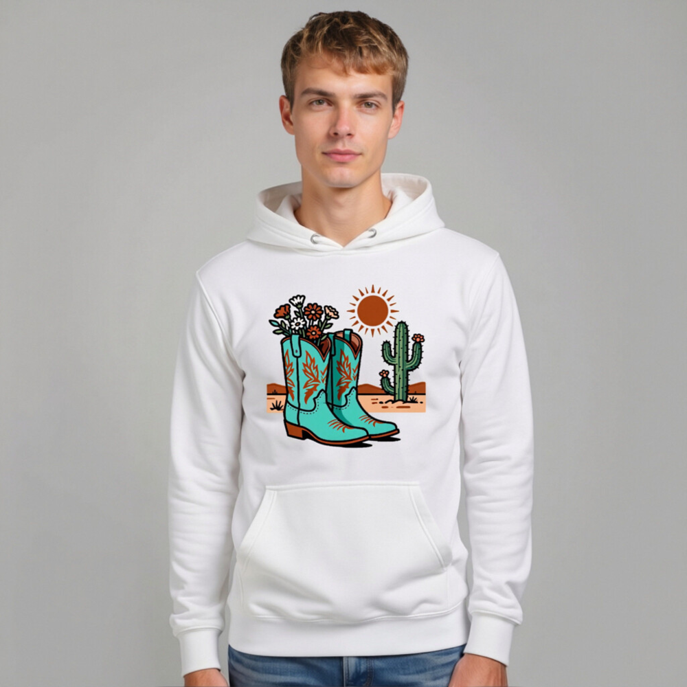 Unisex Premium Pullover Hoodie - Blue Cowboy Boots & Cactus Desert Design - Image 6