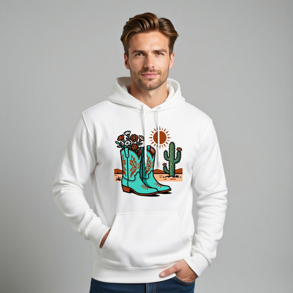 Unisex Premium Pullover Hoodie - Blue Cowboy Boots & Cactus Desert Design - Image 7