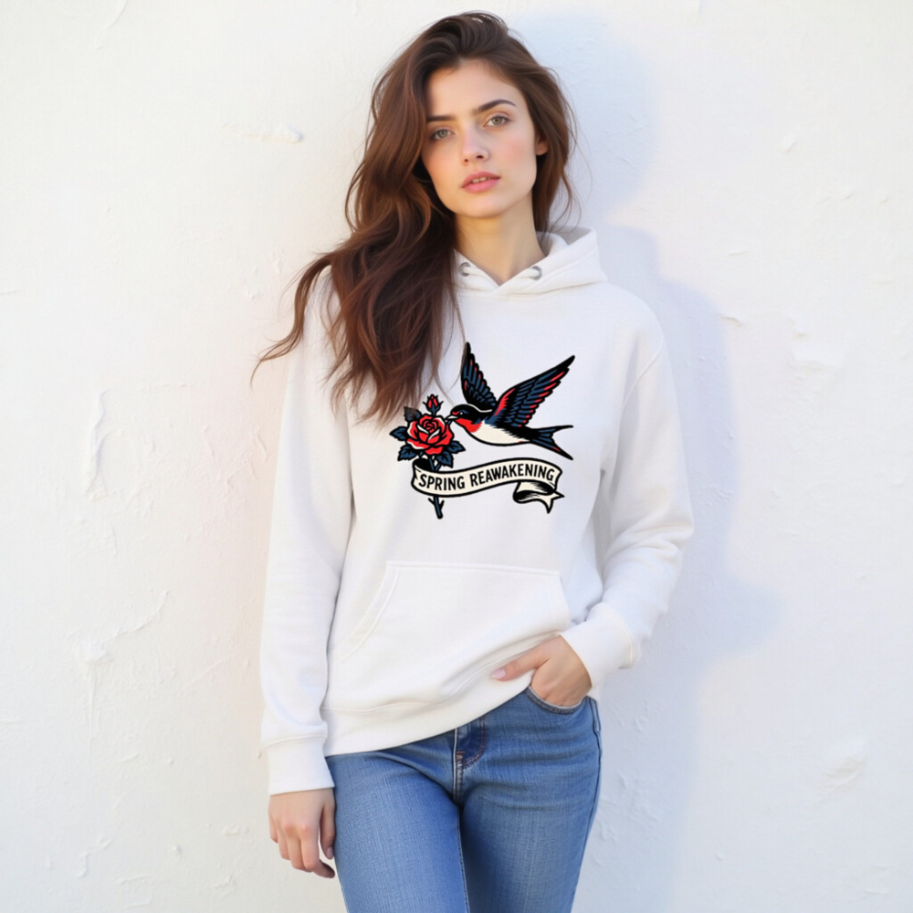 Spring Reawakening Hoodie - Unisex Premium Pullover with Bird & Rose Tattoo Design - Image 4