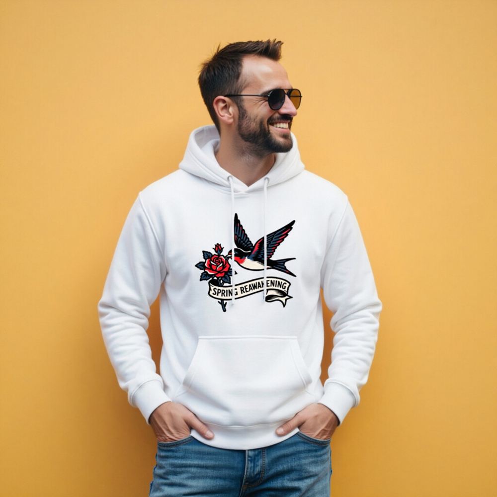 Spring Reawakening Hoodie - Unisex Premium Pullover with Bird & Rose Tattoo Design - Image 5