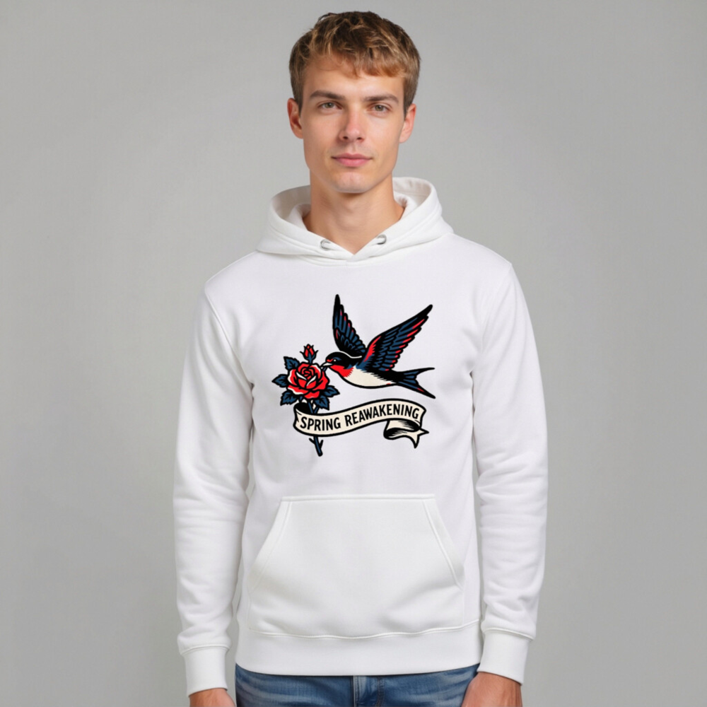 Spring Reawakening Hoodie - Unisex Premium Pullover with Bird & Rose Tattoo Design - Image 6