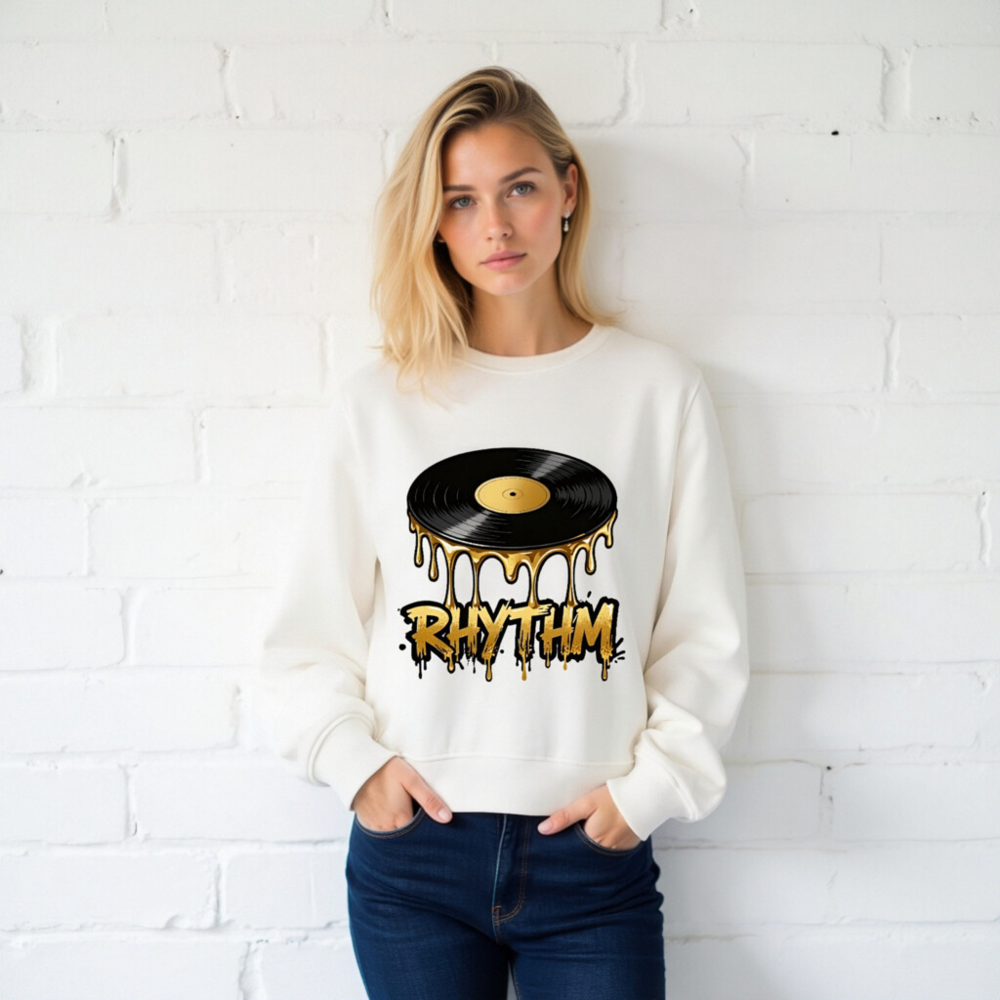 Unisex Organic Sweatshirt | Vinyl Record Rhythm Design - Gold Drip Art - Image 2