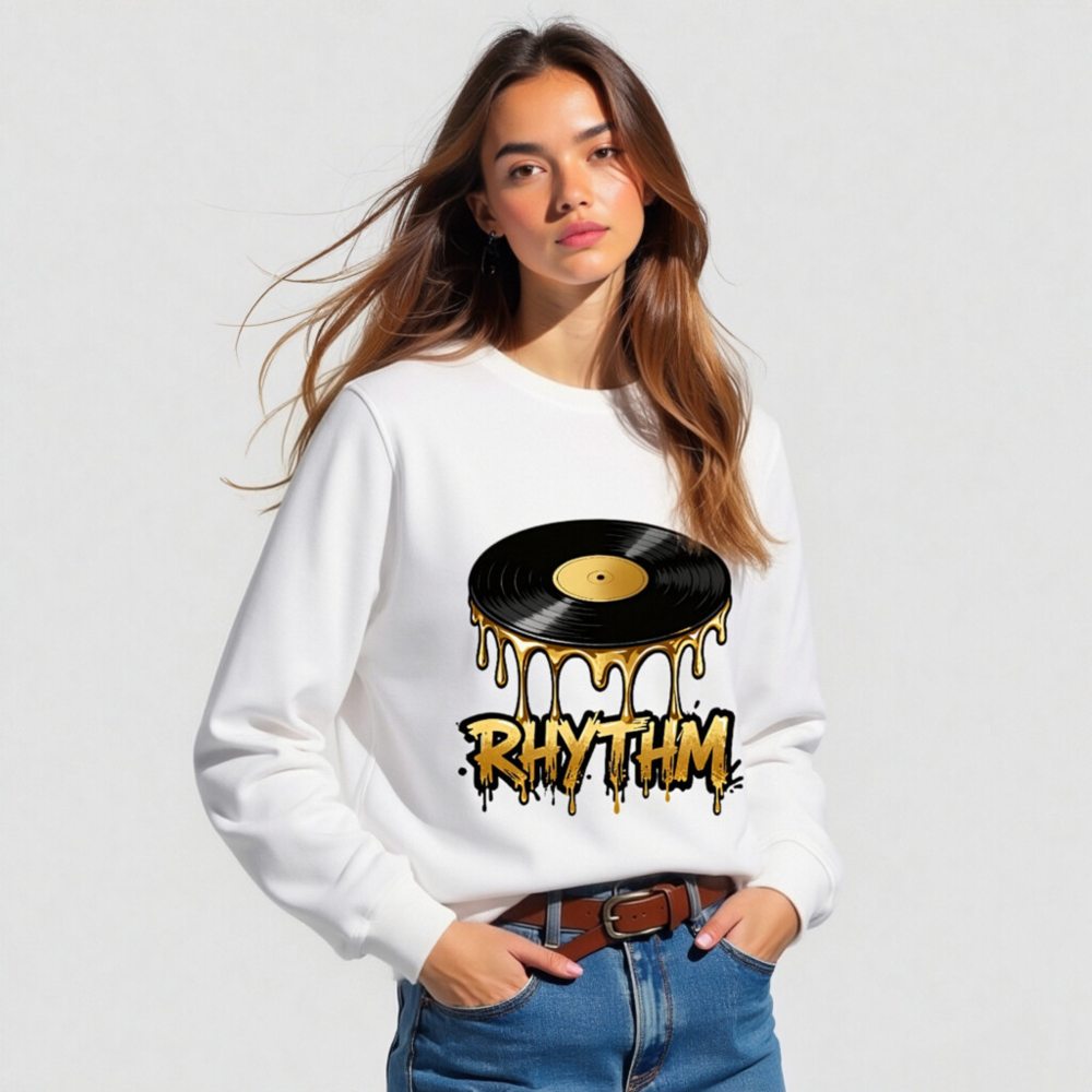 Unisex Organic Sweatshirt | Vinyl Record Rhythm Design - Gold Drip Art - Image 3