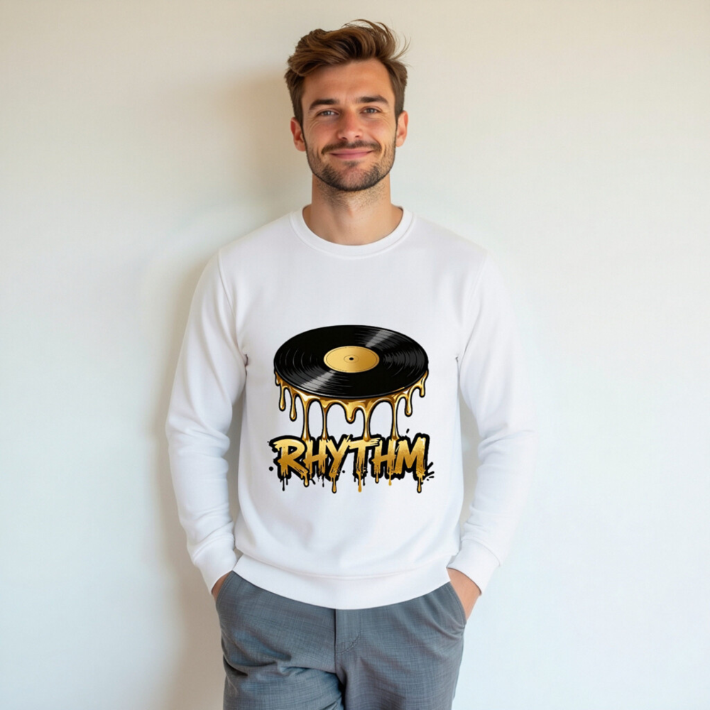Unisex Organic Sweatshirt | Vinyl Record Rhythm Design - Gold Drip Art - Image 4