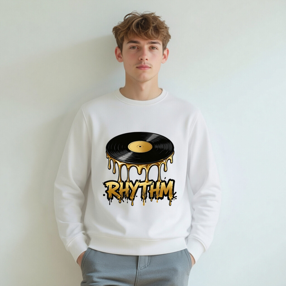 Unisex Organic Sweatshirt | Vinyl Record Rhythm Design - Gold Drip Art - Image 5