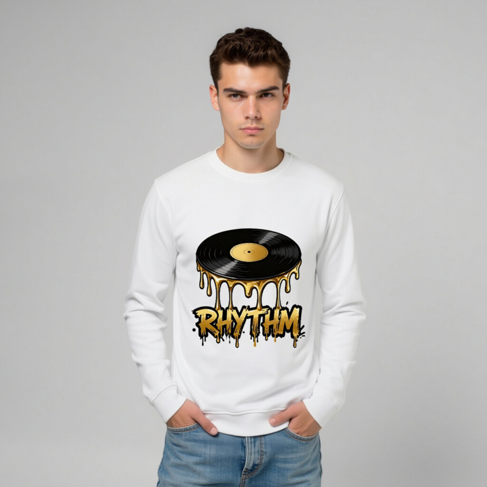 Unisex Organic Sweatshirt | Vinyl Record Rhythm Design - Gold Drip Art - Image 7