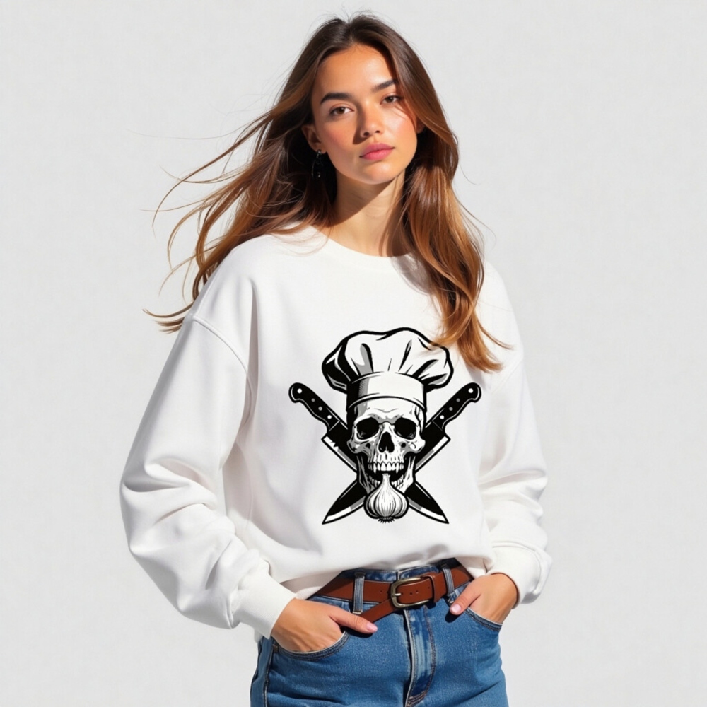 Unisex Organic Chef Skull Sweatshirt | Garlic & Knives Design - Image 3