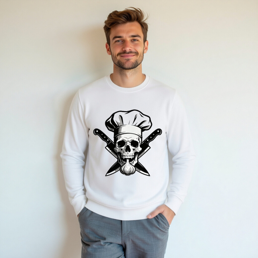 Unisex Organic Chef Skull Sweatshirt | Garlic & Knives Design - Image 4