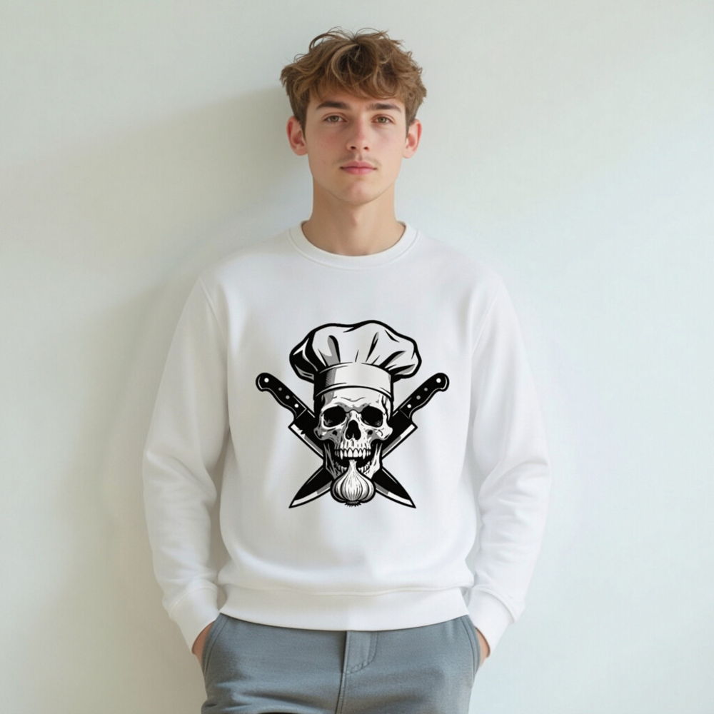 Unisex Organic Chef Skull Sweatshirt | Garlic & Knives Design - Image 5