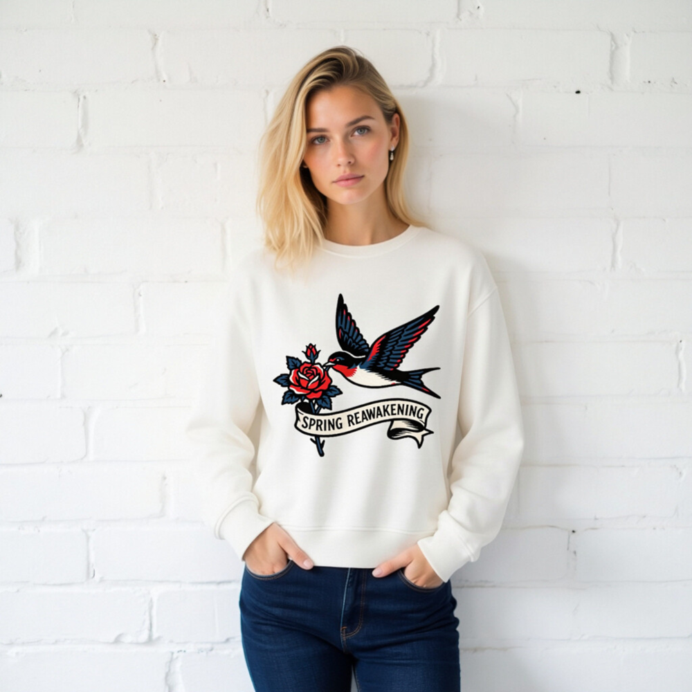 Unisex Organic Sweatshirt | Spring Reawakening Swallow & Rose Design - Image 2